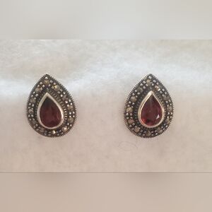 Teardrop Garnet Red Stone Sterling- Stud Earrings
